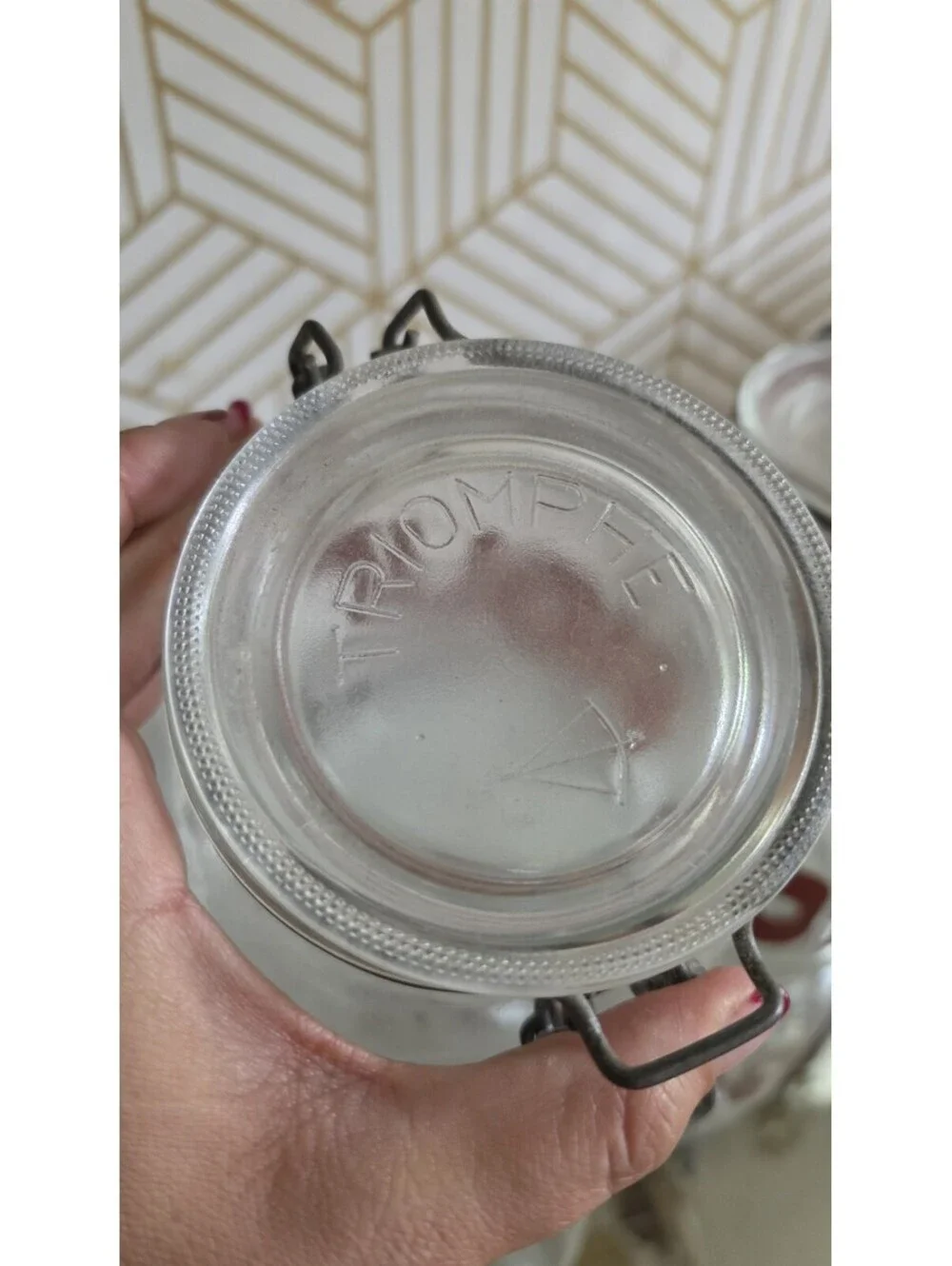 Vintage Triomphe Set Of Glass Coffee & Tea Canister Jars W/ Brown Text Bale Lids